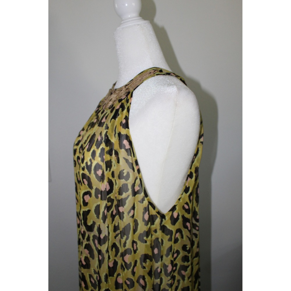 H&M Women's Leopard Halter Maxi Dress Gold Embroidered Chartreuse Sleeveless M/L - Picture 6 of 11